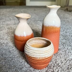 Set of Three Orange and Cream Ceramic Vases